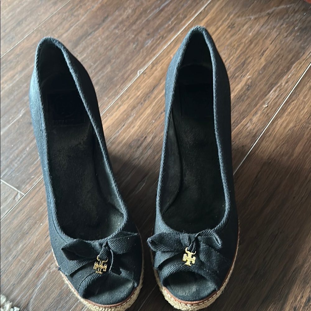 Tory Burch Black Peep Toe Wedges